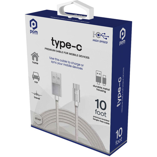POM GEAR USB Type-C Male to USB Type-A Male Braided Charging Cable (10', Silver)