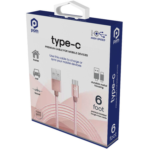 POM GEAR USB Type-C Male to USB Type-A Male Braided Charging Cable (6', Rose Gold)