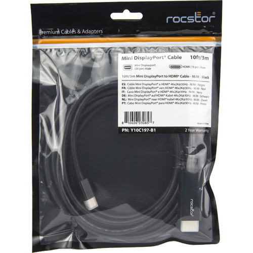 Rocstor Rocpro Mini DisplayPort Male to HDMI Male Cable (10', Black)