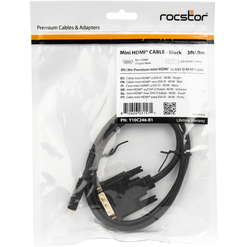 Rocstor Mini-HDMI Male to DVI-D Male Cable (3', Black)