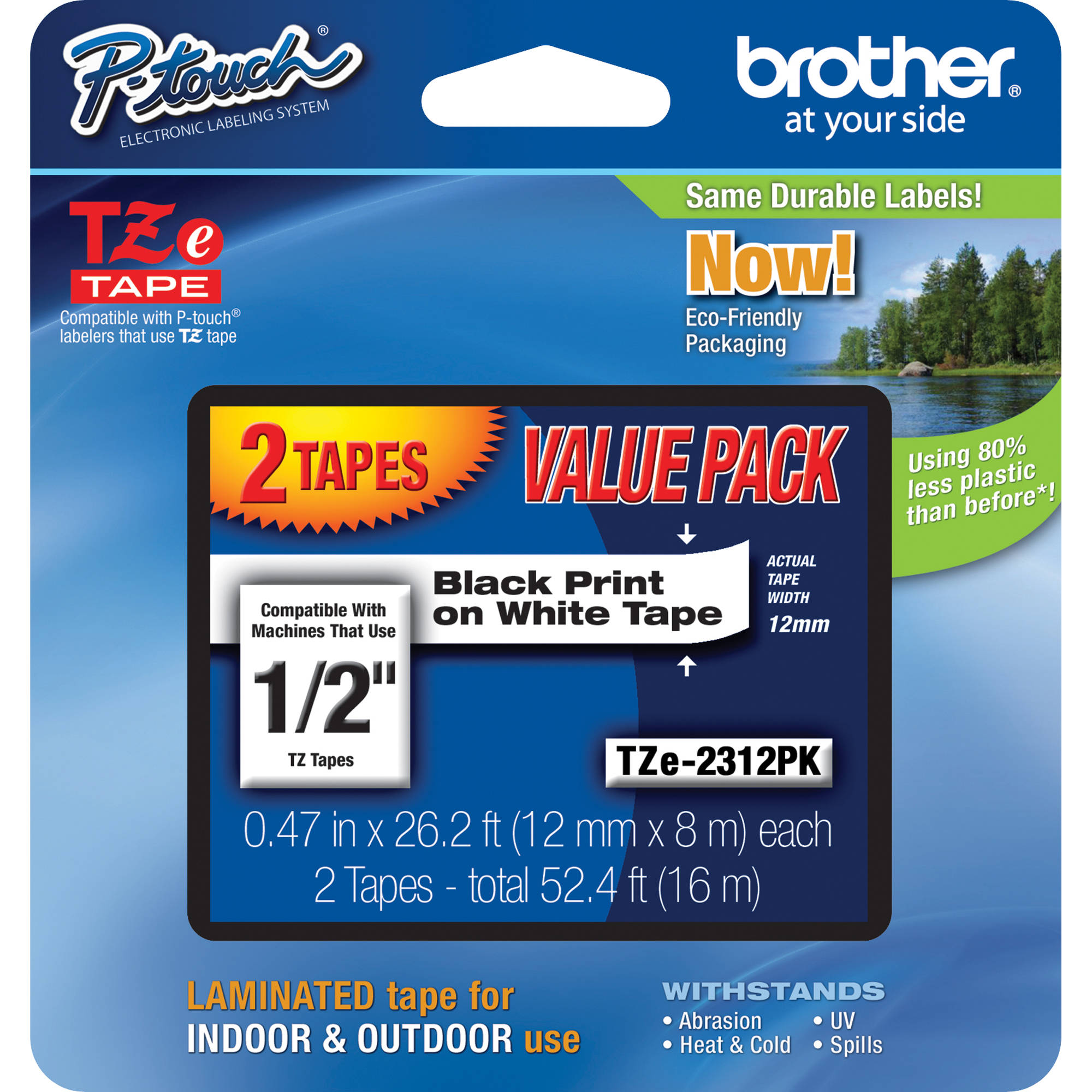 Brother TZe231 Laminated Tape for P-Touch Labelers 2-Pack (Black on White, 1/2" x 26.2')