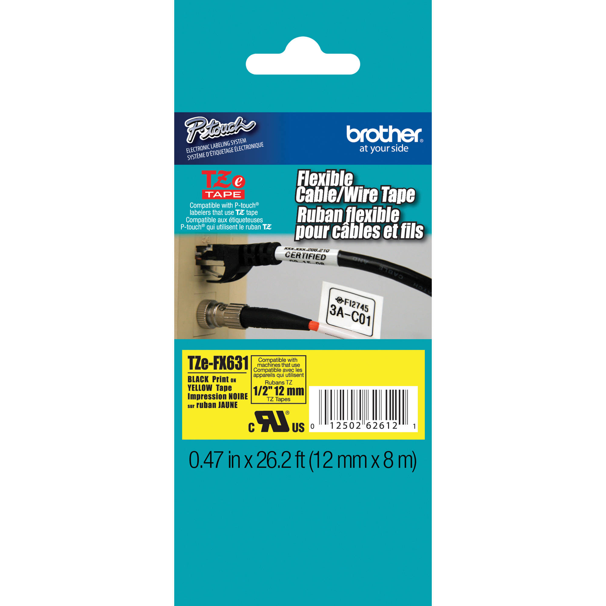 Brother TZeFX631 Flexible ID Tape (Black on Yellow, 1/2" x 26.2')