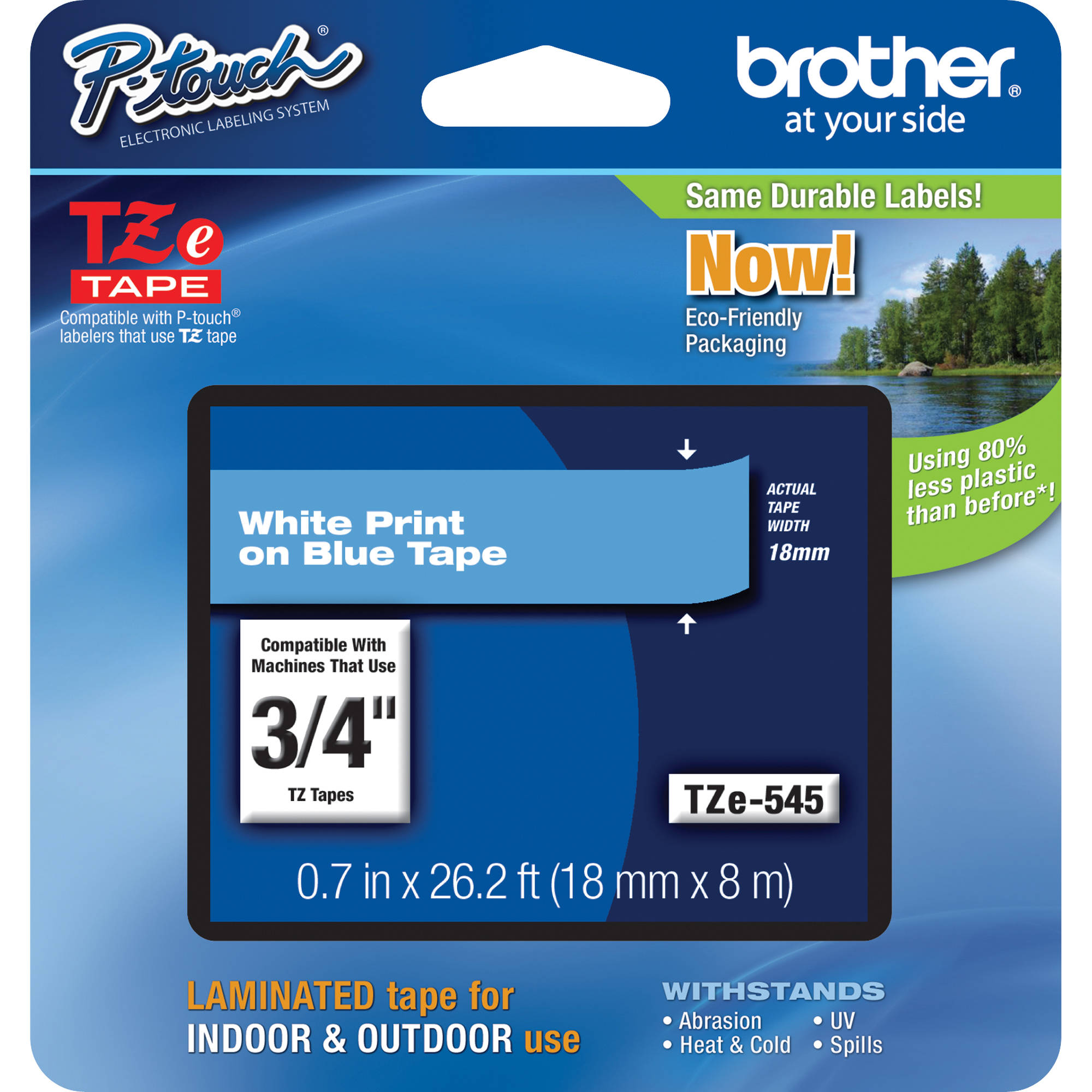 Brother TZe545 Laminated Tape for P-Touch Labelers (White on Blue, 3/4" x 26.2')