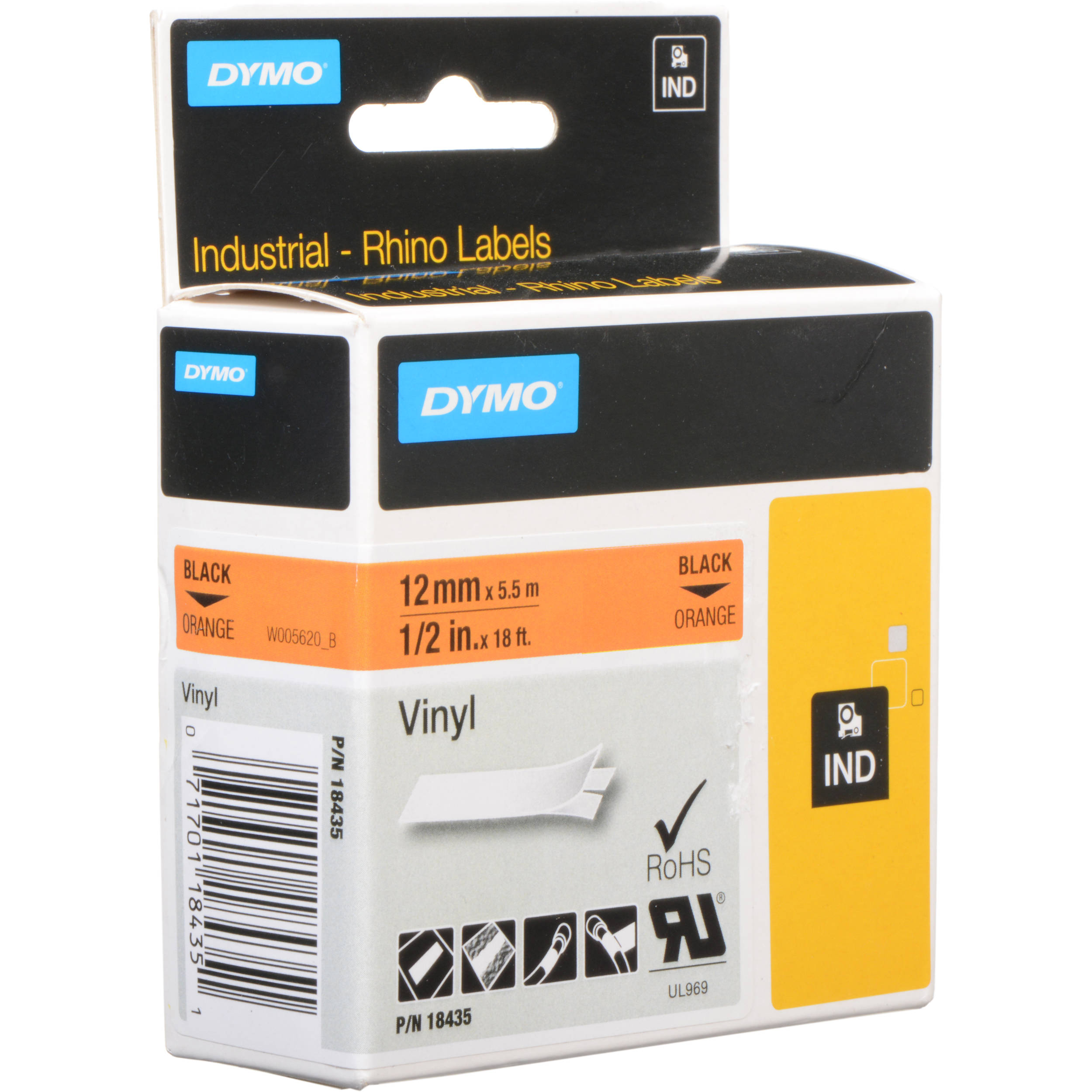 Dymo Rhino 1/2" Orange Vinyl Labels (Black Print)