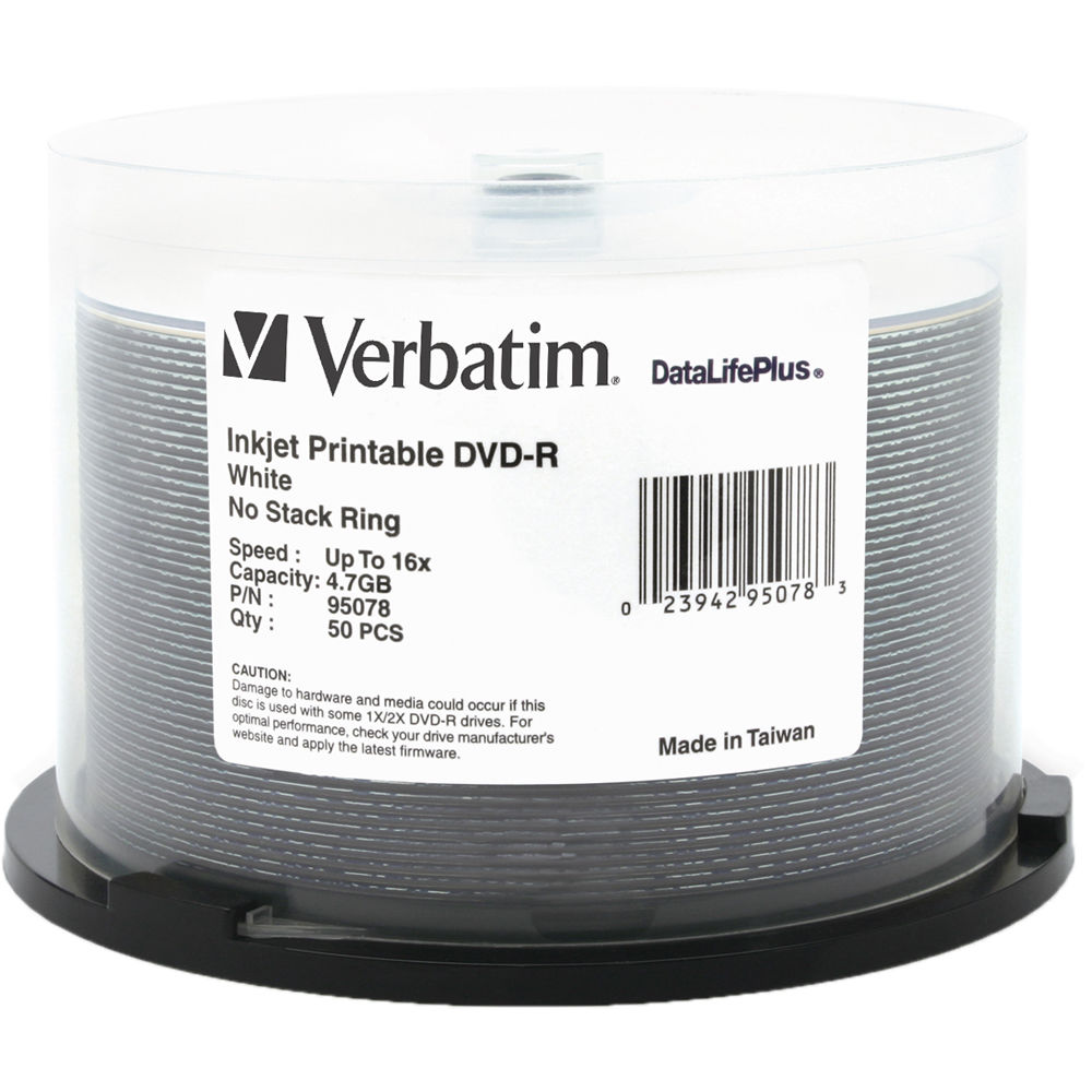 Verbatim DVD-R 4.76GB 16X DataLifePlus White Inkjet Printable Spindle (Pack of 50)