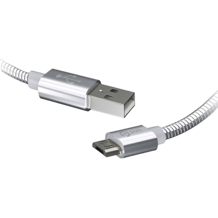 POM GEAR Metal Coil Micro-USB to USB Type-A Cable (6', Silver)
