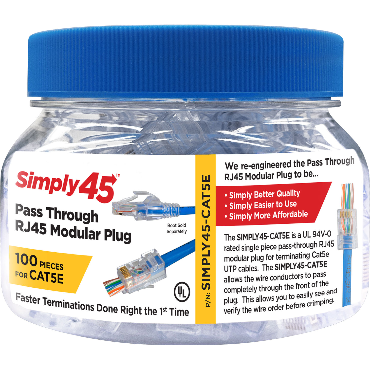 Simply45 Cat 5e UTP Unshielded RJ45 Pass-Through Modular Plug (100-Piece Jar)